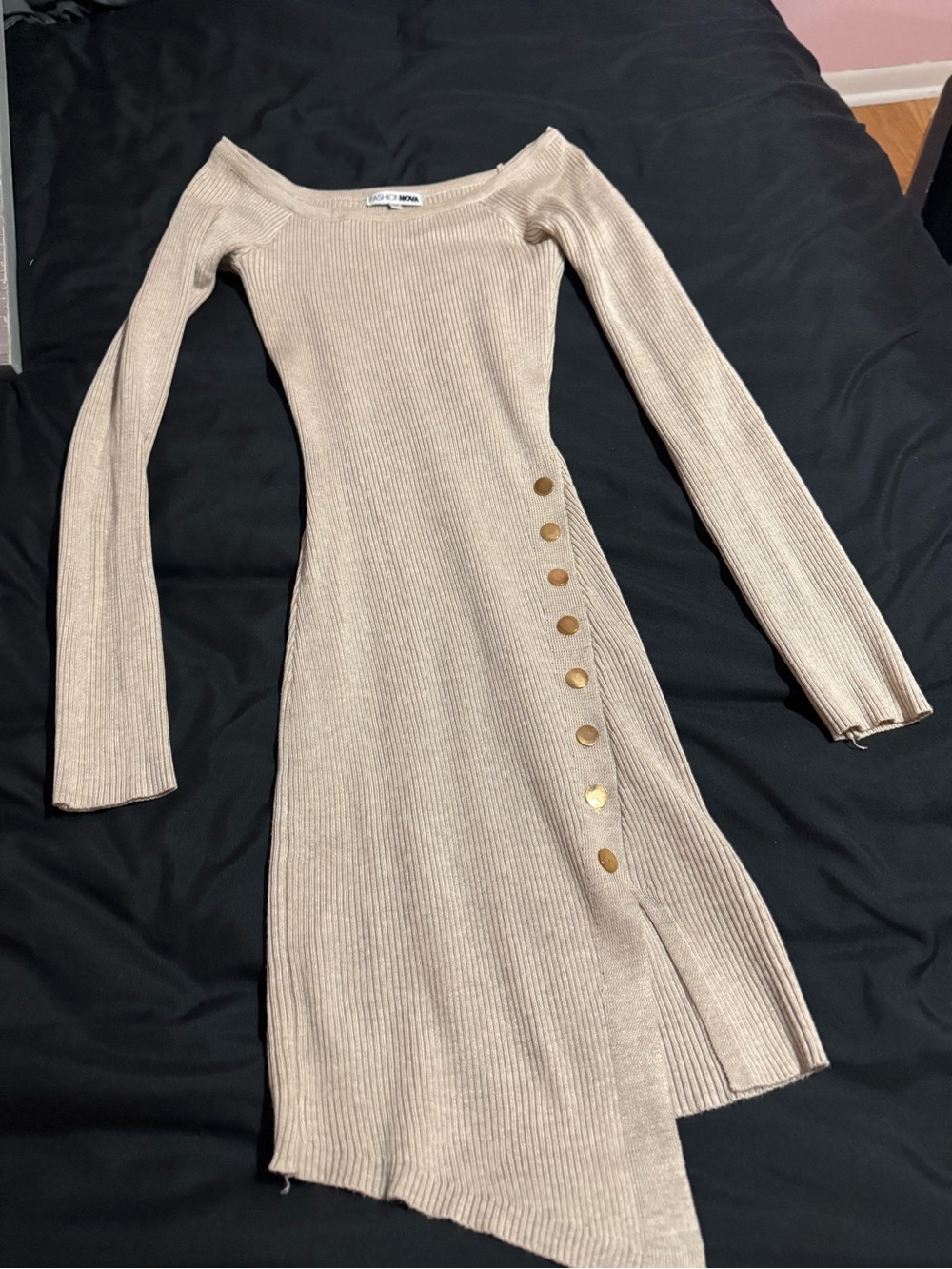 Fashion Nova Beige Ribbed Off-Shoulder Long Sleeve Dress with Gold Buttons